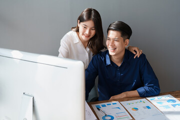 Startup family business, husband and wife discussing financial affairs, investing, making profit, tax deduction from trading using computer and investment budget paperwork working