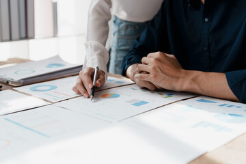 Startup family business, husband and wife discussing financial affairs, investing, making profit, tax deduction from trading using computer and investment budget paperwork working