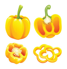 Set of yellow bell pepper whole, half and cut slice illustration isolated on white background