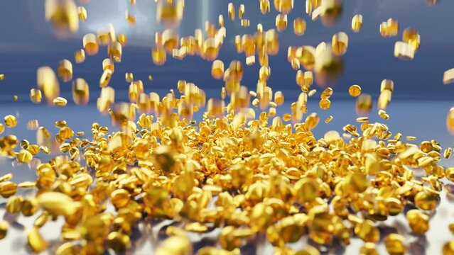A 3D animation of falling medical tablets that are gold-plated, in reference to the high prices of the pharmaceutical industry.