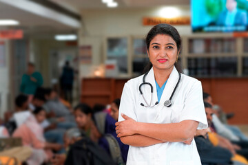 Medical concept, Young indian female doctor in uniform standing at hospital