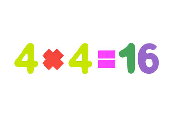 Four multiply four equals sixteen. Wood arabic numerals multi color of simple math addition...
