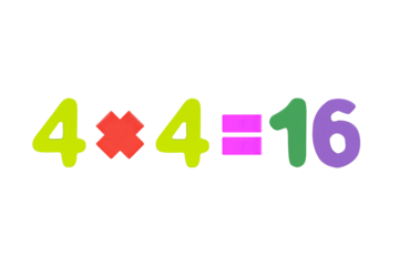 Four multiply four equals sixteen. Wood arabic numerals multi color of simple math addition operation for kids operation to enhance brain skills. Plus, minus, multiply, divide Isolated on cut out PNG.