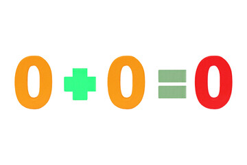 zero plus zero equals zero (0+0=0) Number are made of multi color wood. Simple math addition for kid. Plus, minus, multiply, divide. math operation to enhance brain skills. Isolated on cut out PNG.