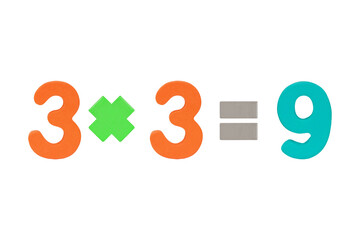 Three multiply Three equals nine. Image wood number multi color of simple math addition operation for kids math operation to enhance brain skills. Plus, minus, multiply, divide Isolated on cut out PNG