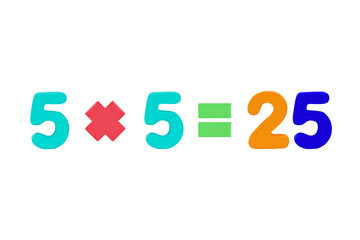 five multiply five equals twenty five Image arabic numerals of simple math addition operation for kids math operation to enhance brain skills. (Plus, minus, multiply, divide) Isolated on cut out PNG.