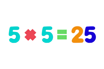 five multiply five equals twenty five Image arabic numerals of simple math addition operation for kids math operation to enhance brain skills. (Plus, minus, multiply, divide) Isolated on cut out PNG.