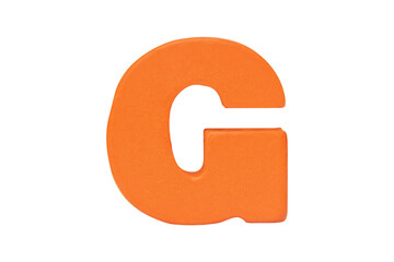 Capital letters 'G''. Wooden orange tangram puzzle as English alphabet letter shape. Universal language used all over world. used in learning education for children. Isolated on cut out PNG.