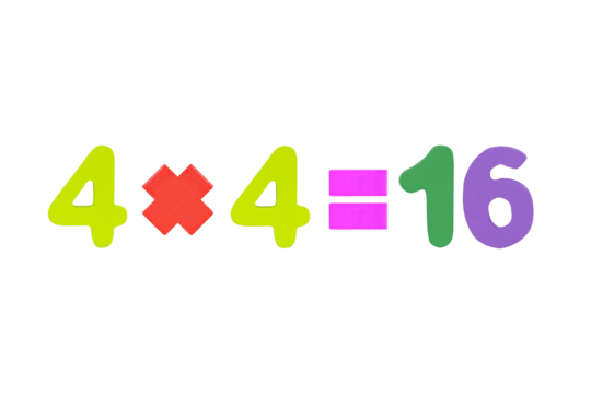 Four multiply four equals sixteen. Wood arabic numerals multi color of simple math addition operation for kids operation to enhance brain skills. Plus, minus, multiply, divide Isolated on cut out PNG.