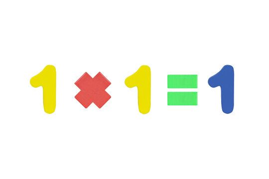 One multiply one equals one (1x1=1) Image of simple math addition operation for kids math operation to enhance brain skills. (Plus, minus, multiply, divide) Isolated on cutout PNG.	