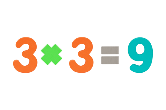 Three multiply Three equals nine. Image wood number multi color of simple math addition operation for kids math operation to enhance brain skills. Plus, minus, multiply, divide Isolated on cut out PNG