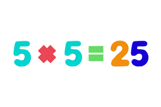 five multiply five equals twenty five Image arabic numerals of simple math addition operation for kids math operation to enhance brain skills. (Plus, minus, multiply, divide) Isolated on cut out PNG.