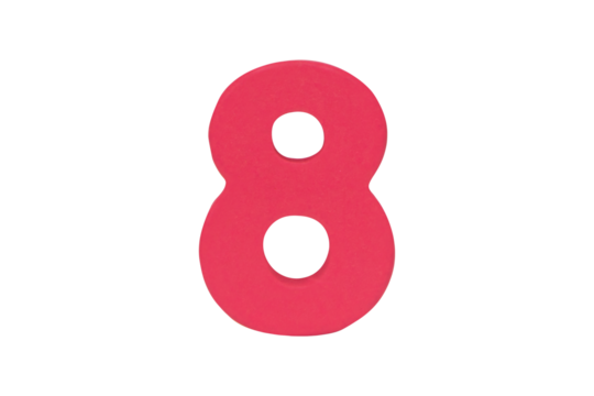 Dark pink wooden arabic number eight Isolated on cutout PNG. Wooden jigsaw dark pink tangram puzzle as shape "8". arabic number it is universal language used in learning education for children.