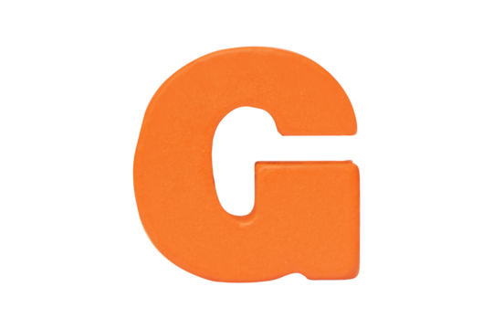 Capital letters 'G''. Wooden orange tangram puzzle as English alphabet letter shape. Universal language used all over world. used in learning education for children. Isolated on cut out PNG.