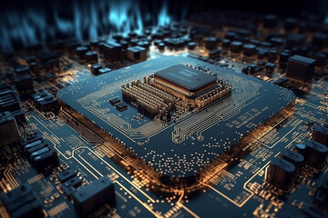 Fototapeta premium Closeup electronic circuit board futuristic cloud computing technology on background of microcircuit elements and neon light Generative AI