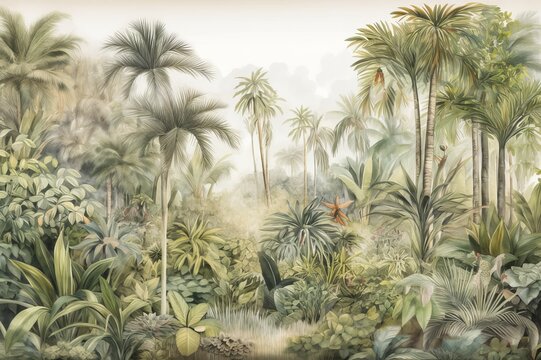 Tropical plants and palm trees, for texture background photo wallpaper or banner. Wallpaper pattern painted in watercolour. Generative AI illustration