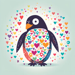 penguin illustration surrounded by colorful hearts