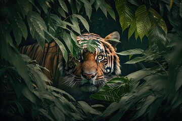 Royal Bengal Tiger surrounded by forest in the sundarbans, Indo-Bangla sundarbans, Endangered animal, world tiger day, Generative AI