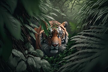 Royal Bengal Tiger surrounded by forest in the sundarbans, Indo-Bangla sundarbans, Endangered animal, world tiger day, Generative AI