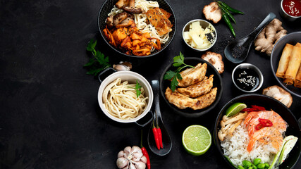 Various of asian meals on rustic background , top view , place for text. Asian food concept.