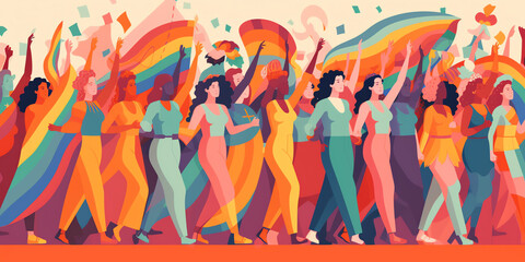 Fototapeta na wymiar Pride parade: An illustration of a parade with people waving rainbow flags, wearing colorful clothing, and celebrating the spirit of Pride Month. Generative AI.
