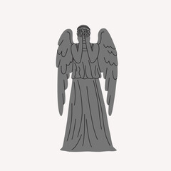 Sculpture of a weeping angel vector illustration. Scary character with wings. Marble gray crying, praying statue hand drawn icon
