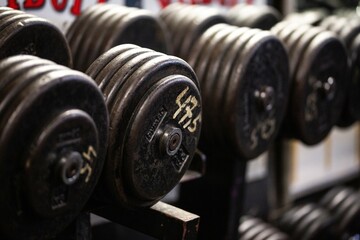 Fototapeta premium Close up detail shots of weights in an old school bodybuilding gym