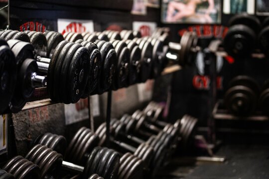 Close up detail shots of weights in an old school bodybuilding gym