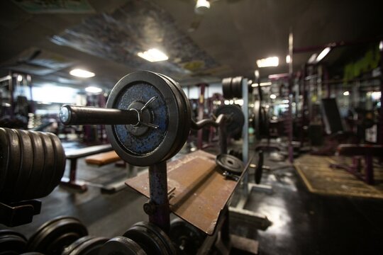 Close up detail shots of weights in an old school bodybuilding gym