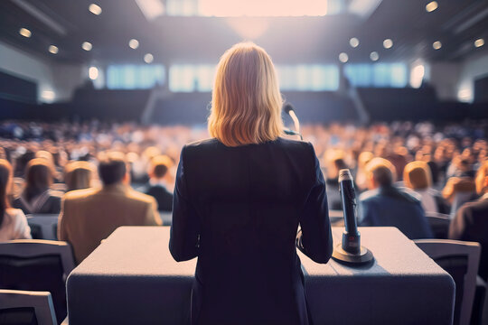 Rear view of blonde woman at a podium in front of a large group of listeners in the auditorium, made with generative ai