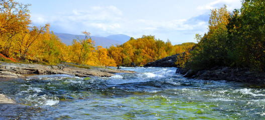 Flowing water in autumn. Abisko national park in north of Sweden.