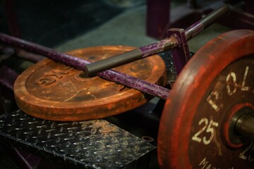 Close up detail shots of weights in an old school bodybuilding gym