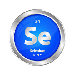Icon structure  Selenium (Se) chemical element round shape circle blue. Chemical element of the periodic table. Sign with atomic number. Study in science for education. 3D vector illustration.	