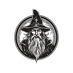 wizard warlock, vintage logo concept black and white color, hand drawn illustration