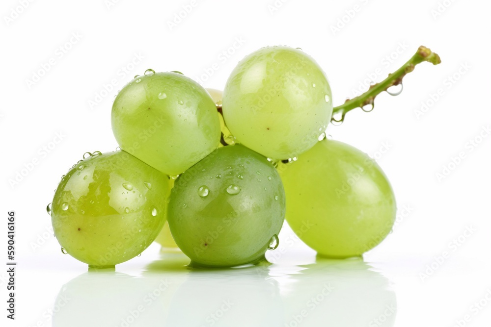 Wall mural green grapes with water drops on white background