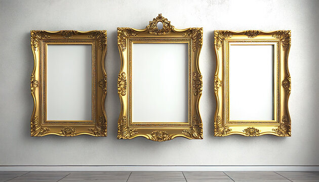 The three gold louis vintage frame on white background. AI Generated.