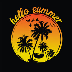 Hello summer tree on the beach summer holiday background summer T-shirt design
