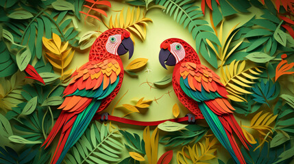Macaw in amazon rainforest Kirigami card, Create a kirigami paper art featuring A pair of vibrant Macaws perched on a tree branch made of intricately folded paper leaves