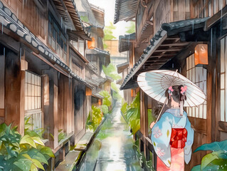 古都 京都で雨上がりの情緒漂う路地を歩く着物姿の女性, with Generative AI