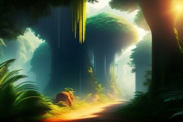 sun rays in the forest background, Generative ai