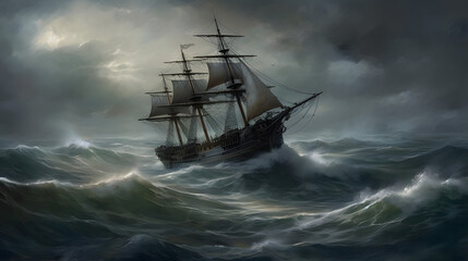 Obraz premium Haunting Beautiful Sailing Ship: A Stunning Illustration of a Majestic Nautical Vessel on the Water - AI Art