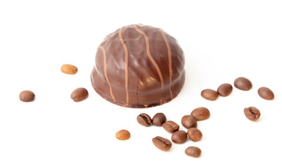 Chocolate candy with coffee beans isolated on white background