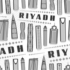 Vector Riyadh Seamless Pattern, repeat background with illustration of famous modern riyadh city scape on white background for wrapping paper, monochrome line art urban poster with black word riyadh