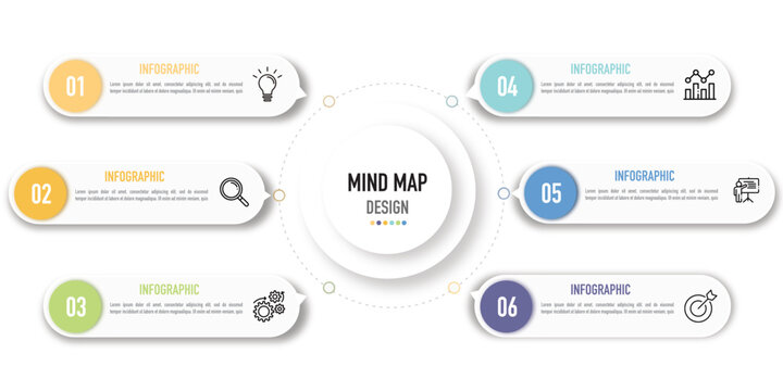 Mind map infographic template or element as a vector with 6 point, bullet, option, process, on white background, colorful circle label, modern, simple, minimal style, for presentation with icons