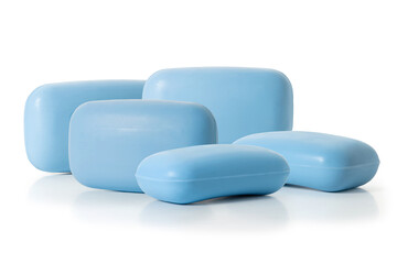 Five pieces of blue toilet soap on a white background. Full depth of field. With clipping path