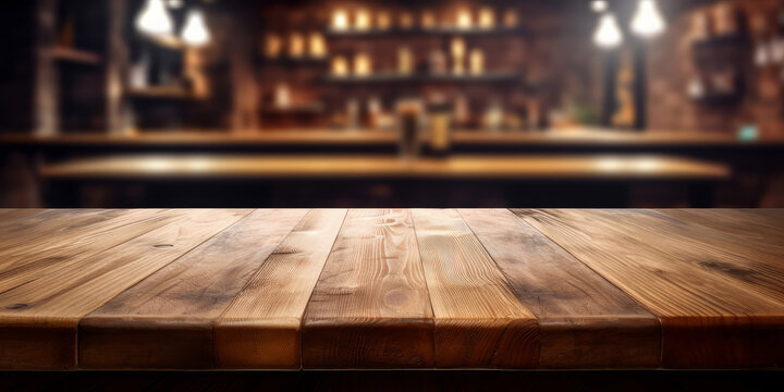 An empty wooden counter table top for product display in a pub or bar. Generative ai