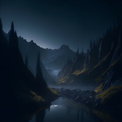 night in the mountains, a valley at night, created using generative AI