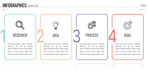 Infographic template or element as a vector including 4 step or process to goal or success, colorful label and icons on white background and shadow, simple and minimal style, for sale slide
