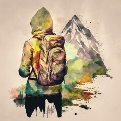 painting of a person. backpacker with mountains in background. stylized vector art. concept.