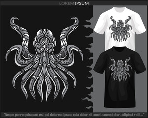 Monochrome color kraken octopus mandala arts isolated on black and white t shirt.